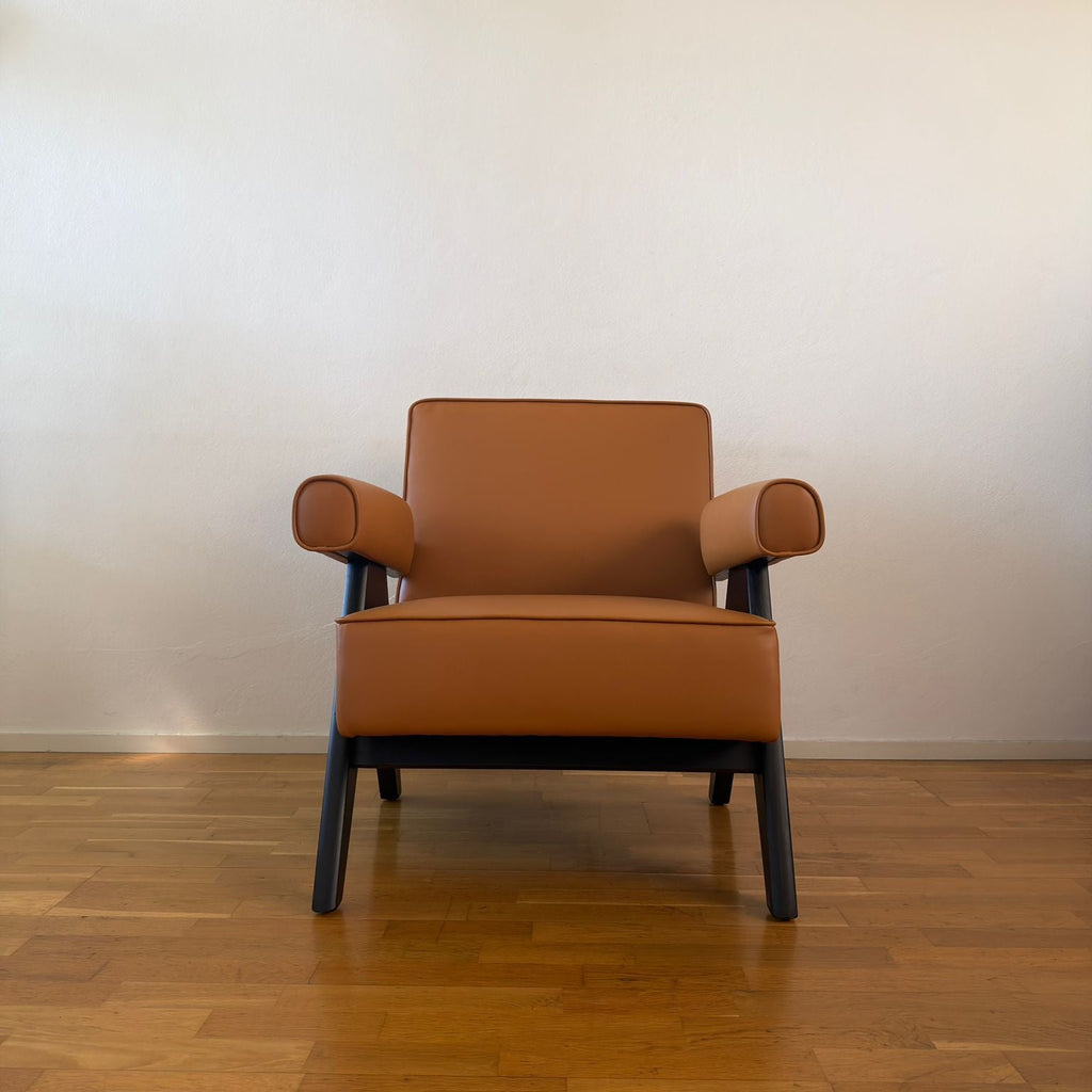 Jeanneret-style Chandigarh armchair, wood and leather