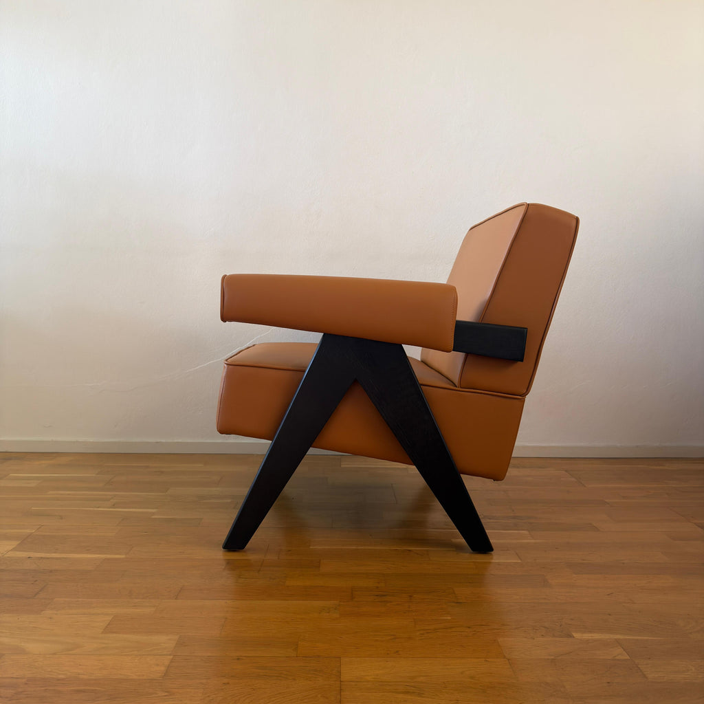 Jeanneret-style Chandigarh armchair, wood and leather