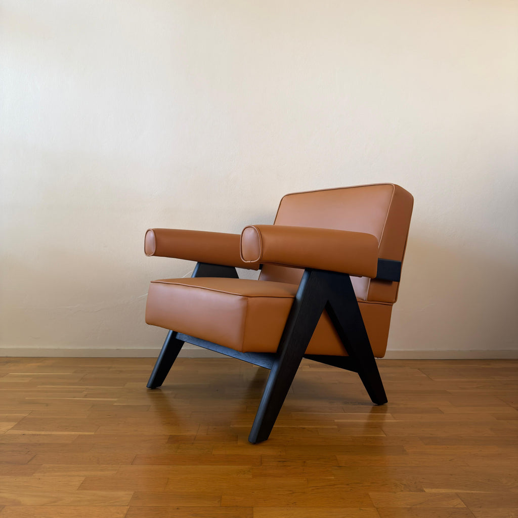 Jeanneret-style Chandigarh armchair, wood and leather
